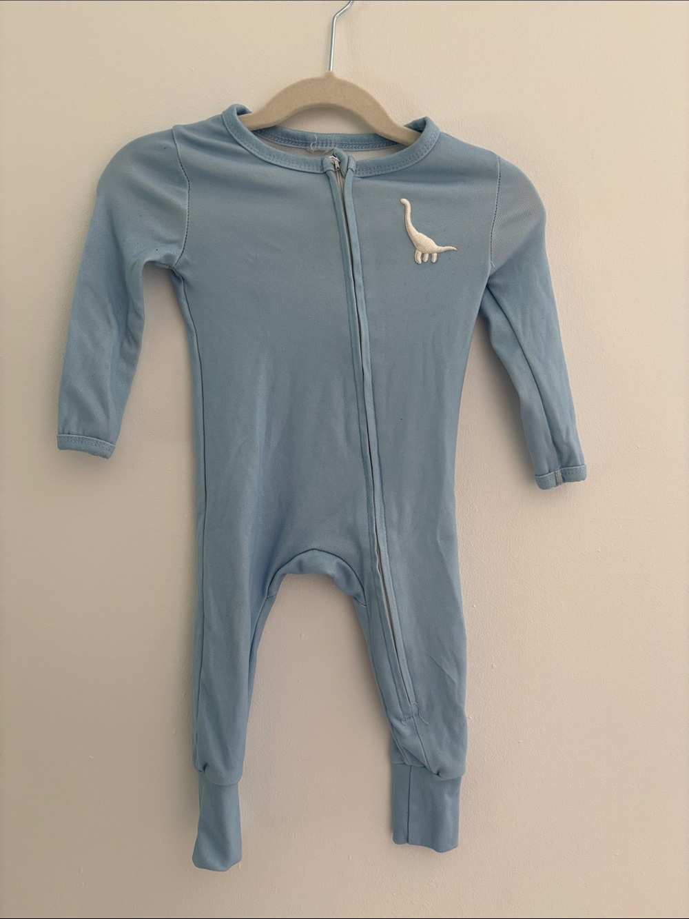 SHEIN Light Blue Zip-Up Footed One-Piece with Dino Patch